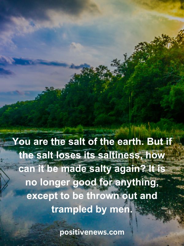 Verses Of The Day April 14- You are the salt of the earth. But if the salt loses its saltiness, how can it be made salty again? It is no longer good for anything, except to be thrown out and trampled by men.